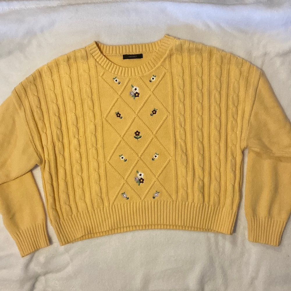 Forever 21 Yellow Cable Knit Sweater with Embroidered Flowers